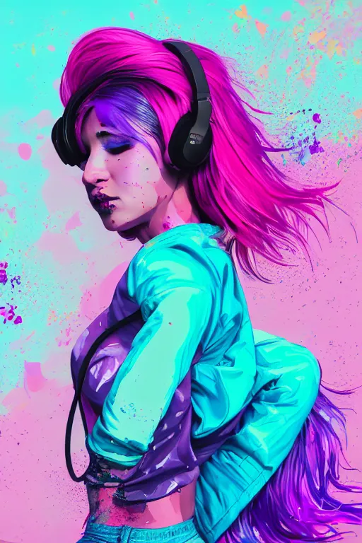 Image similar to a award winning half body portrait of a beautiful woman in a croptop and cargo pants with ombre purple pink teal hairstyle with head in motion and hair flying listenin to music on headphones by wlop, paint splashes and splatter, outrun, vaporware, shaded flat illustration, digital art, trending on artstation, highly detailed, fine detail, intricate