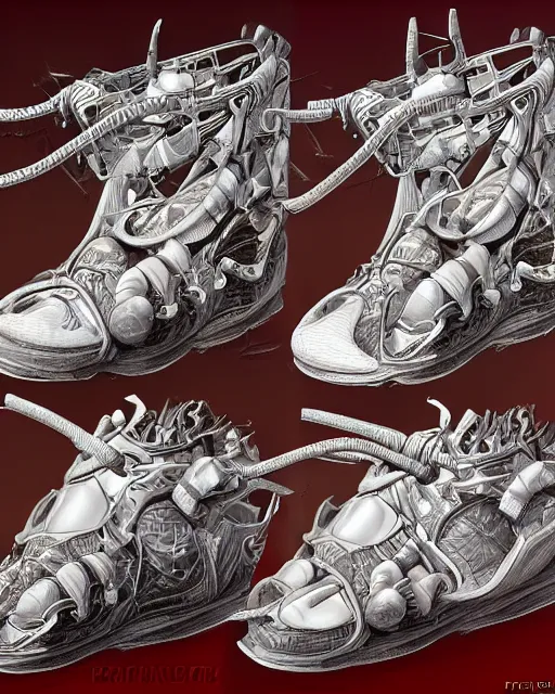 Prompt: shoes design by frank franzetta, biomechanical, 4 k, hyper detailed