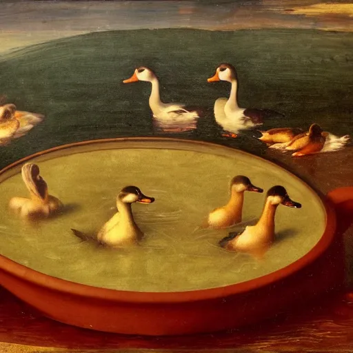 Prompt: ducks swimming in a big bowl of soup, renaissance painting, morning lighting, 8k