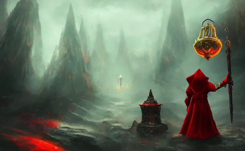 Image similar to red hooded mage, holding a golden bell, standing in front of an arcane gate to another realm, mindblowing, concept art, matte, illustration, ominous, magical, dnd, 4 k uhd, very detailed