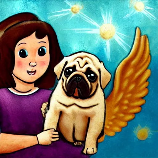 Image similar to biblically-accurate angel holding a pug puppy