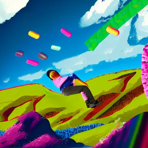 Image similar to hyperpop art of a bucolic landscape with two hikers shattering into millions of brightly coloured Smarties towards the heavens, cinematic shot