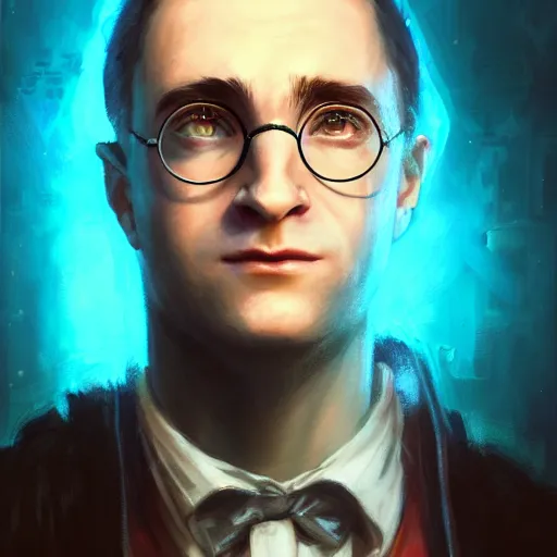 Image similar to closeup portrait of Harry Potter with faciap in cyberpunk, neon lighting, holding laser wand, digital art from artstation by Ruan Jia and Mandy Jurgens and Artgerm and william-adolphe bouguereau and Greg Rutkowski and Wayne Barlowe