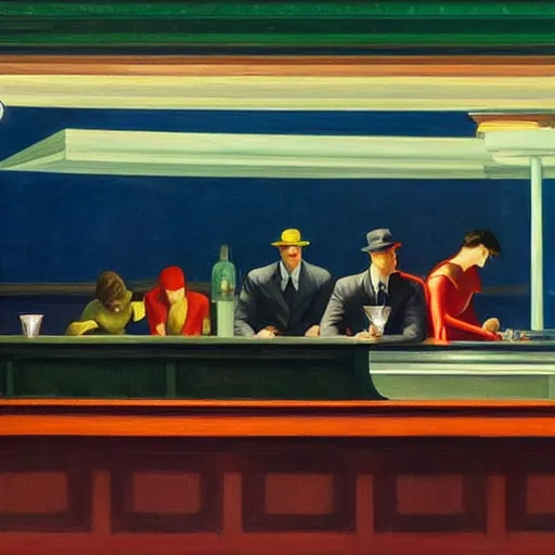 Image similar to 1942 oil on canvas painting by Edward Hopper, Nighthawks, Marvel Superheros