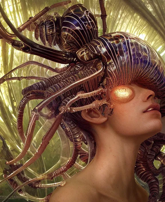 Image similar to opulent transparent clear see - through portrait of a terrifying beautiful male alien isopod, mottled coloring, adorable, childlike, overgrown biopunk jungle environment, ultra realistic, concept art, art nouveau, photorealistic, octane render, 8 k, unreal engine. art by christopher marley and artgerm and greg rutkowski and alphonse mucha