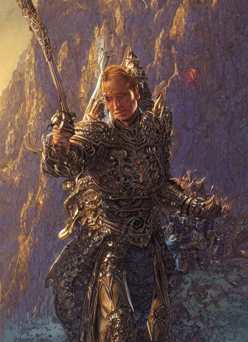 Prompt: fantasy style portrait of a male paladin, castle setting, intricate, elegant, highly detailed, matte, sharp focus, art by donato giancola and bayard wu, geof darrow, cinematic lighting