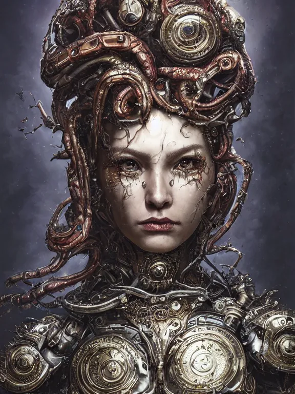 Prompt: portrait art of 8k ultra realistic Medusa, detailed intricate ornate armour,decaying, cybernetic, full of colour, cinematic lighting, battered, trending on artstation, 4k, hyperrealistic, focused, extreme details,unreal engine 5, cinematic, masterpiece, art by ayami kojima, giger