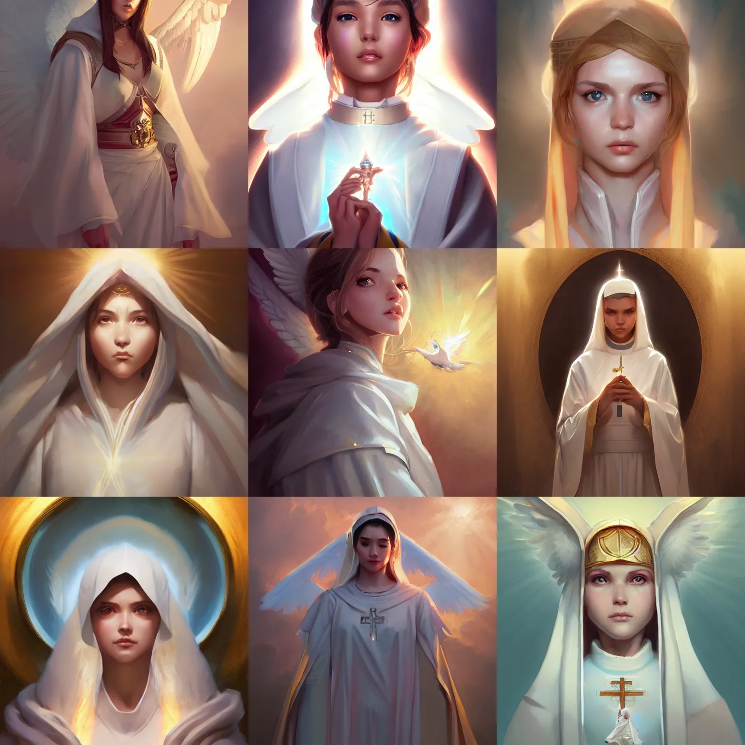 Prompt: portrait of a holy angelic pope girl, heavenly rays, art by artgerm and greg rutkowski and sakimichan, trending on artstation