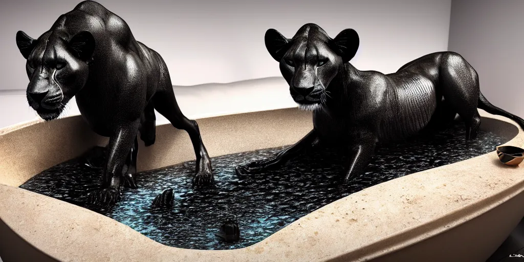 Image similar to a black lioness made of ferrofluid bathing inside the bathtub full of tar, covered with tar. dslr, photography, realism, animal photography, color, modern bathroom, hyper realistic, 8 k resolution, unreal engine 5, raytracing