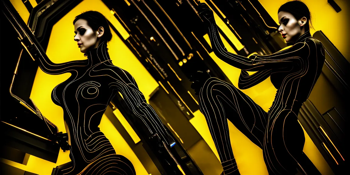 Image similar to beauty woman wrapped in black and gold, full pallet image, Blade runner artifacts, electronic case display, cyberpunk tech, ultrarealistic, futuristic, back lit, dramatic lighting, electrical details, high details, 4k, 8k, best, accurate, trending on artstation, artstation, photorealism, ultrarealistic, digital painting, style of Peter Mohrbacher, Caravaggio, Caravaggio, Boris Vallejo, Hajime Sorayama