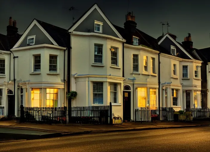 Prompt: small suburban houses in London at night inspired by Edward Hopper, Photographic stills, photography, fantasy, moody lighting, dark mood, imagination, cinematic