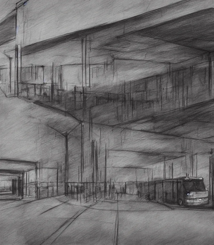 Image similar to charcoal sketch matte painting urban decay bus station