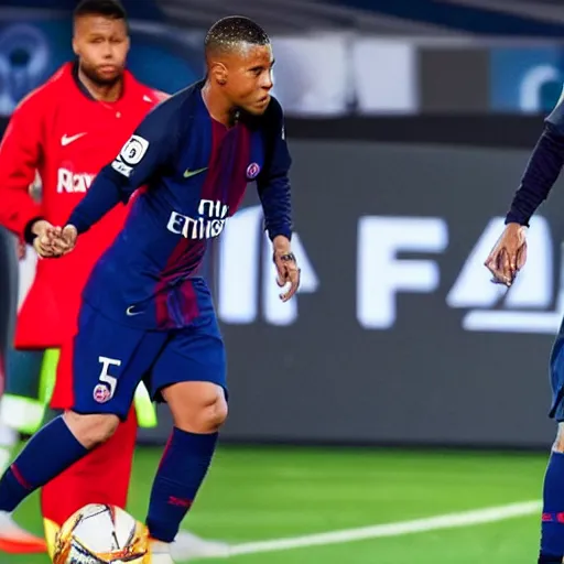 Image similar to messi ronaldo neymar and mbappe playing together for paris saint-germain 4k very detailed realistic