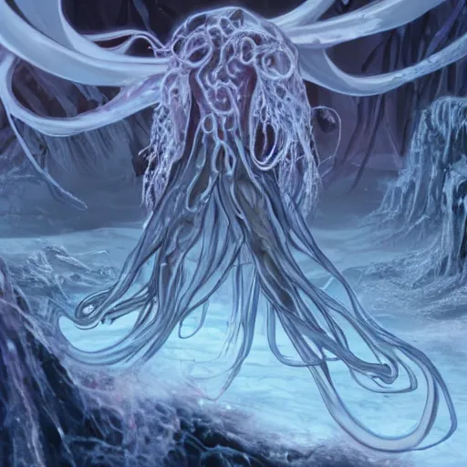 Image similar to screenshot of end game boss that is a chained ethereal ghostly wraith like figure with a squid like parasite latched onto its transparent skull and long tentacle arms that flow lazily but gracefully at its sides like a cloak while it floats around a frozen rocky tundra in the snow searching for lost souls and that hides amongst the frozen underbrush, this character has hydrokinesis and electrokinesis for the resident evil village video game franchise with inspiration from the franchise Bloodborne