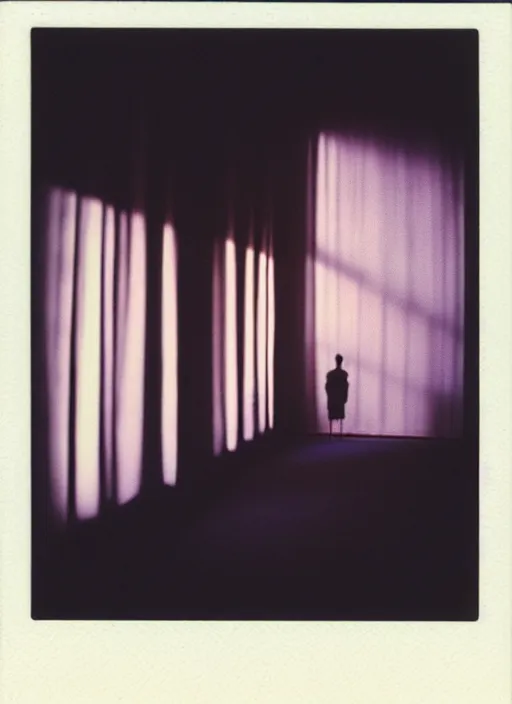 Image similar to a bright silhouette hovers above the ground inside of a hall. liminal, cozy, dramatic soft color lighting ( 1 9 8 4 ). featured polaroid