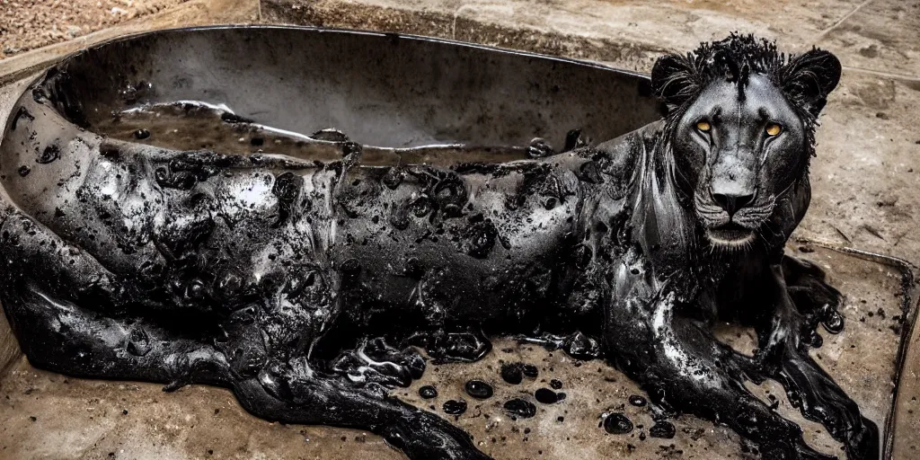 Prompt: a black lioness made of ferrofluid bathing inside the bathtub full of tar, covered with tar. dslr, photography, realism, animal photography, color