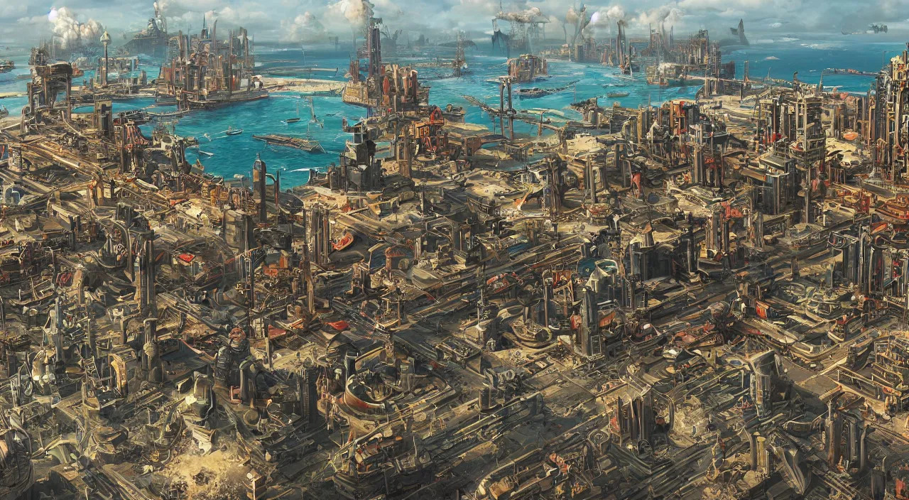 Prompt: a Stunning 3d painting of A Great atompunk city on the sea by Annibale Siconolfi,Retro colour,hyper detail,8K Resolution