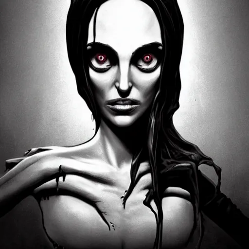 Image similar to michael karcz grunge drawing of natalie portman. , in the style of corpse bride, loony toons style, horror themed, detailed, elegant, intricate, trending on artstation, 4k