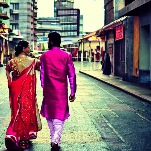 Image similar to a dramatic photograph of a person wearing traditional indian clothes, person wearing indian traditional clothes walking in a modern city, cinematic lighting