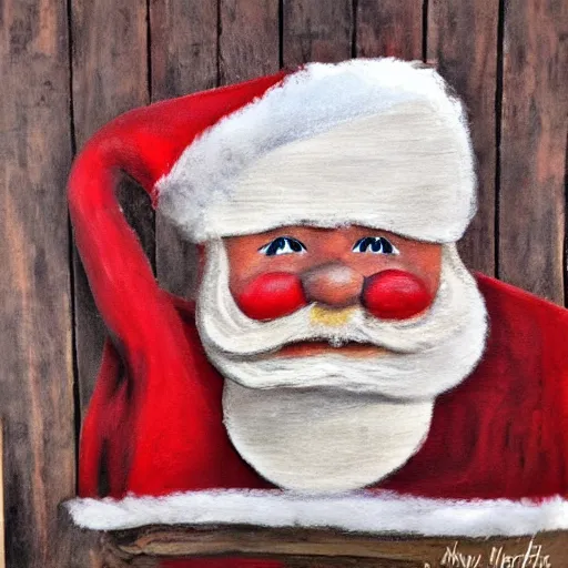 Image similar to Santa inside a rustic barn, in the style of Jenny Nyström