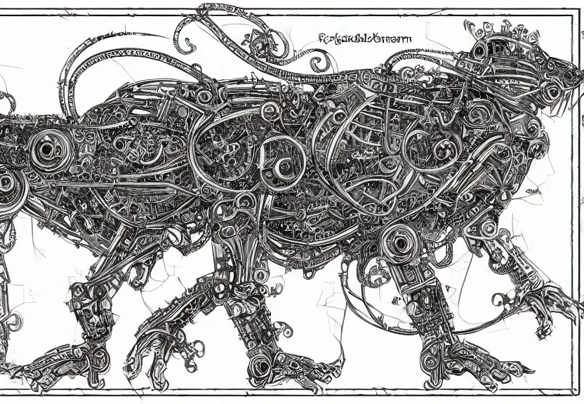 Image similar to schematic blueprint of highly detailed ornate filigreed convoluted ornamented elaborate cybernetic rat, full body, character design, middle of the page, art by da vinci