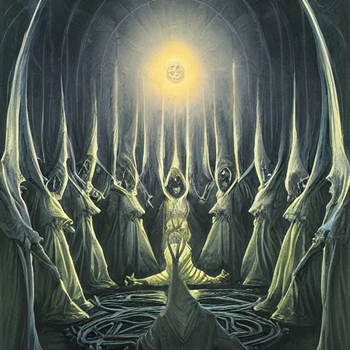 Image similar to a dark cabal of hooded elven mystics in long robes gathered in a circular formation around a highly advanced quantum computer processing the spirits of the dead, dan seagrave art, michael whelan