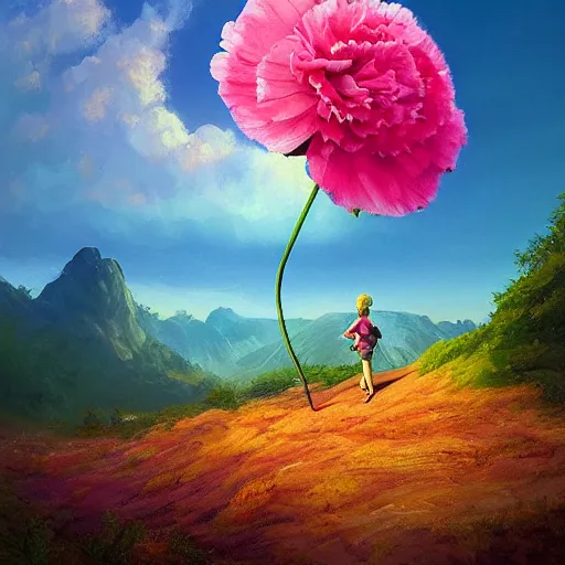 Image similar to giant carnation flower as a head, girl hiking in the mountains, surreal photography, sunrise, dramatic light, impressionist painting, colorful clouds, digital painting, artstation, simon stalenhag