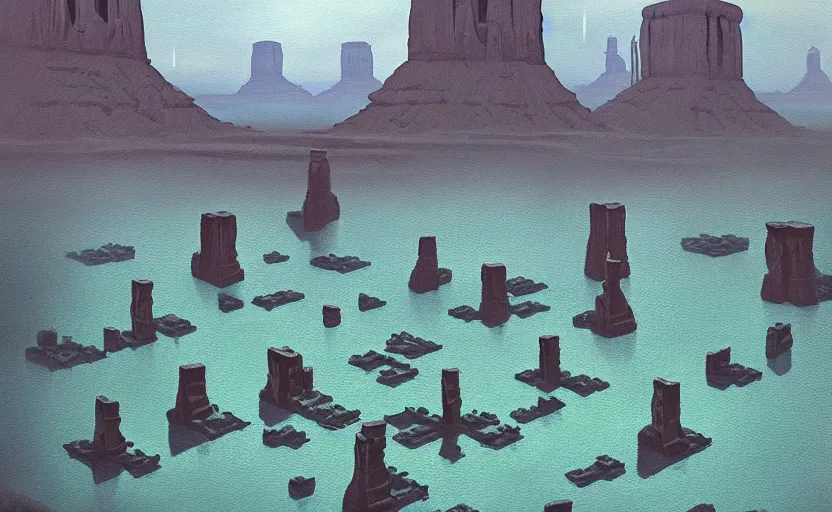 Image similar to hyperrealist painting of 1 0 flying cubes from close encounters of the third kind ( 1 9 7 7 ) in a flooded monument valley stonehenge jungle. 1 9 7 0 s science fiction, moody, misty, depth perception, 4 k, artstation, in the style of studio ghibli