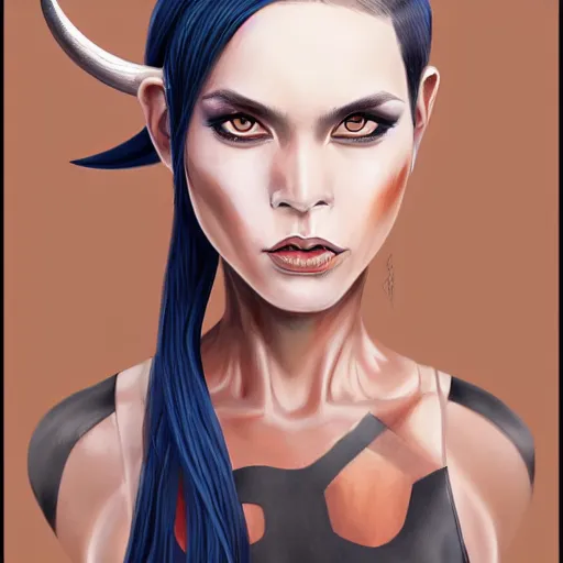 Image similar to illustrated realistic portrait of ram-horned devil woman with blue bob hairstyle and her tan colored skin and with solid black eyes wearing leather by rossdraws