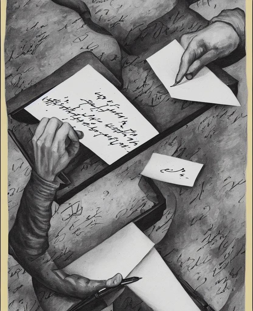 Image similar to a beautiful painting of a hand writing a letter with wwii in background, black and white, painted by escher