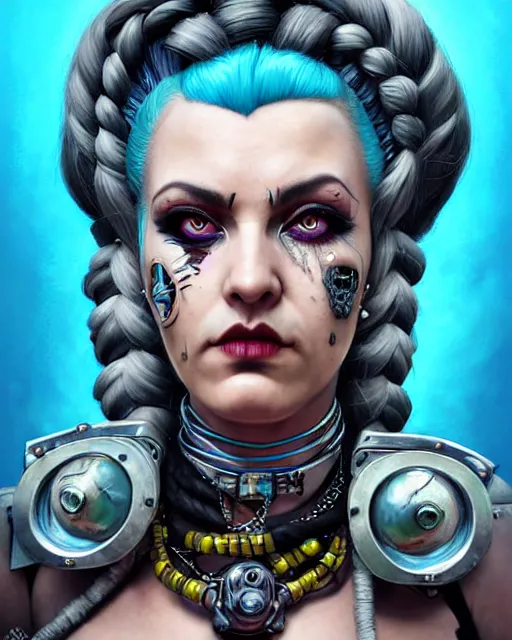 Prompt: junker queen from overwatch, mohawk, braids, blue hair, face paint around eyes, face piercings, character portrait, portrait, close up, concept art, intricate details, highly detailed, vintage sci - fi poster, retro future, in the style of chris foss, rodger dean, moebius, michael whelan, and gustave dore