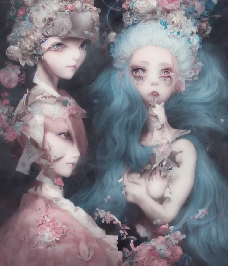 Prompt: anime 3 d art, wlop art, realistic marie antoinette girl painting, japanese street fashion, hyper realism, muted colours, rococo, natalie shau, anime, tom bagshaw, mark ryden, trevor brown style