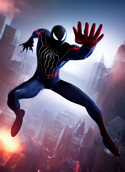 Image similar to photograph of a venom and spider - man hybrid, dslr, cinematic, volumetric lighting, 8 k resolution, photorealistic