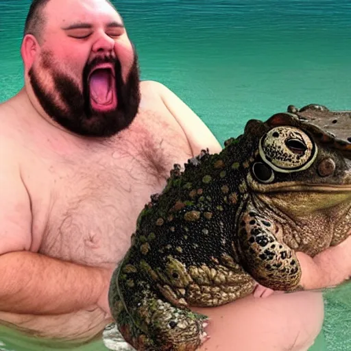 Image similar to a leaked photo of a screaming, hairy, fat man wearing a swimsuit holding the worlds largest toad