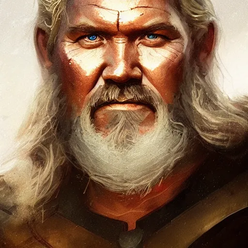 Image similar to A portrait of Josh Brolin as Odin, Thor art, art by greg rutkowski, matte painting, trending on artstation