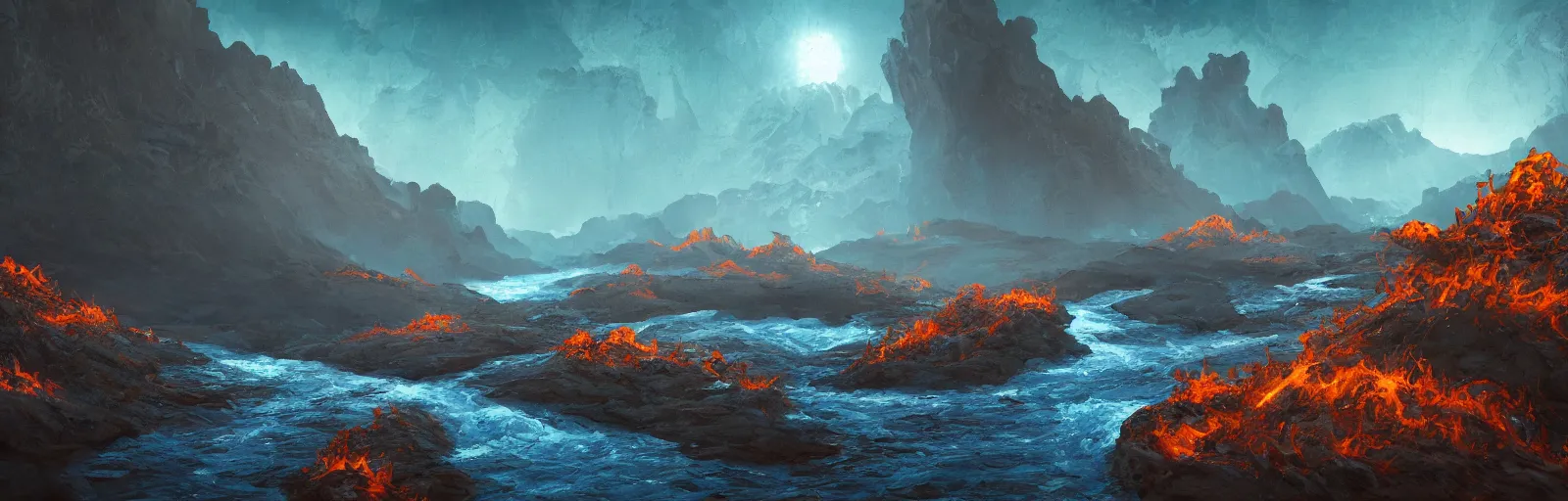 Image similar to painting of lava river scene on an alien planet by vincent bons. ultra sharp high quality digital render. detailed. beautiful landscape. weird vegetation. water.