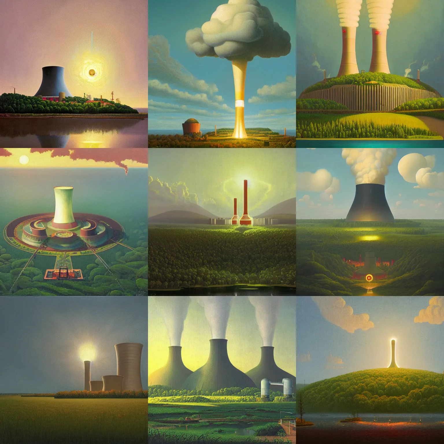Prompt: A nuclear power plant in a lush island utopia by Simon Stålenhag and Grant Wood, oil on canvas, heavenly rapture