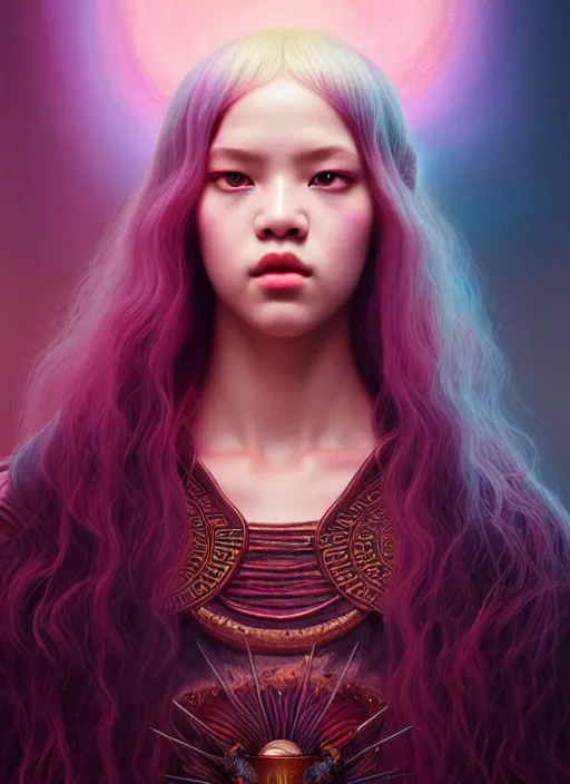 Image similar to jossi of blackpink, king, tarot card, highly detailed, digital painting, smooth, sharp focus, illustration, ultra realistic, octane, render, unreal engine 8 k, art by artgerm and agostino arrivabene