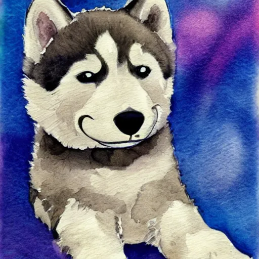 Prompt: cute,adorable,happy,huskie puppy, watercolor