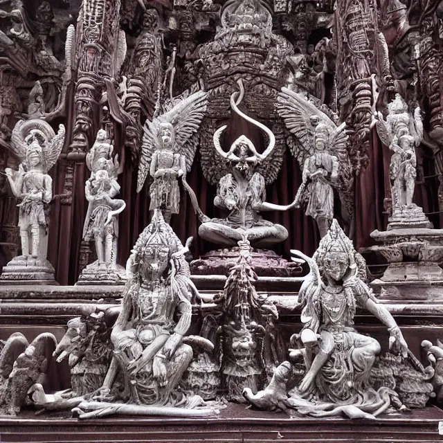 Image similar to sacred hindu blood temple, baphomet statue at the center, angel statues, 8 0's horror movie film still, highly detailed, symmetry, award - winning photography, 1 2 0 mm