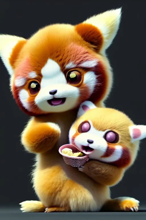 Image similar to high quality 3 d render hyperrealist very cute pastel fluffy! red panda & tarsier hybrid eating giant ice cream, vray smooth, in the style of detective pikachu, charlie immer, very dramatic light, low angle, uhd 8 k, shallow depth or field