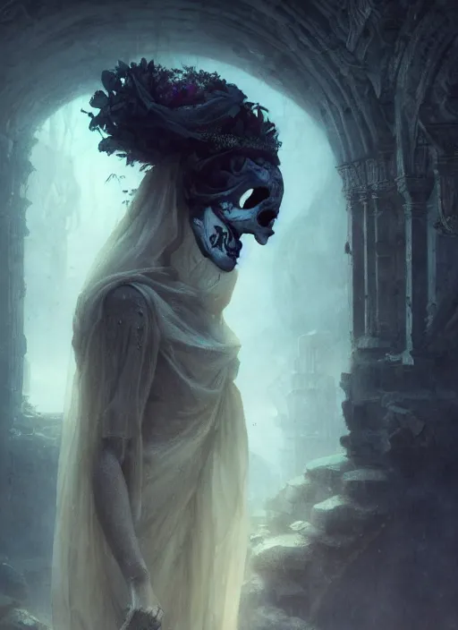 Image similar to close up of a veiled half scull mask girl on the ruins temple, smog on the floor, extremely beautiful and aesthetic and attractive detailed face and body, chiaroscuro, dynamic pose, fantasy illustrations, by makoto shinkai and jeremy lipking and ferdinand knab