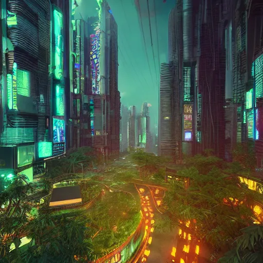 Prompt: Cyberpunk city in a lush bamboo forest, neon, trees, moody, Octane Render, HD, unreal engine, artstation trending, highly detailed