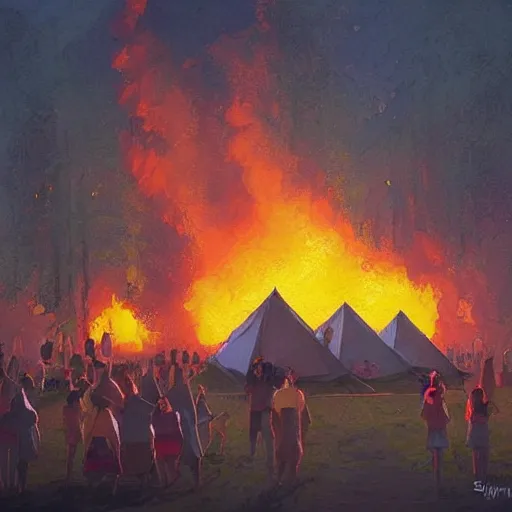 Image similar to a camp with tents on fire, burning down, shadows of girls watching the camp burn, painted by Sylvain Sarrailh