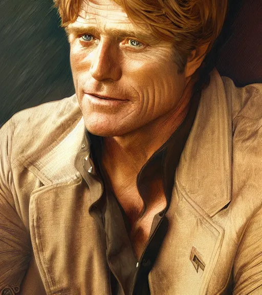 Image similar to painted closeup portrait of robert redford, masculine, young, charming, majestic, athletic, fantasy, intricate, elegant, extremely detailed digital painting, trending artstation, concept art, sharp focus illustration art by alphonse mucha, greg rutkowski, craig mullins