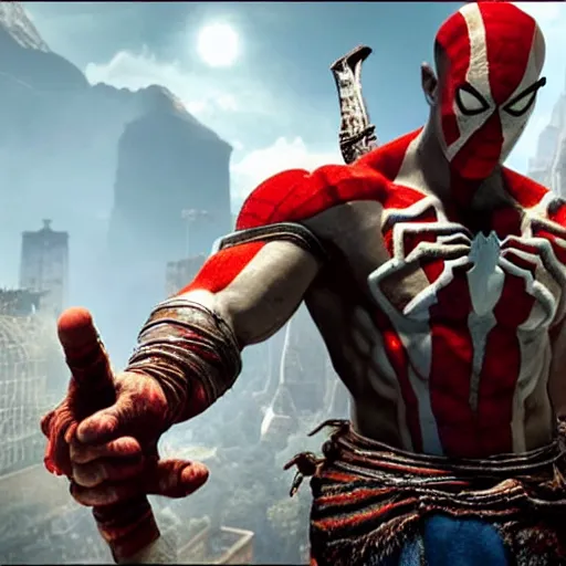 Image similar to screenshot of the game God of War with Kratos and Spiderman high fiving | Sony Pictures official media | Spiderman | Spiderman | Spiderman