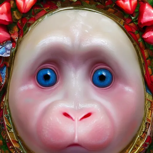 Image similar to magical scene. the sweet old very fat baby white monkey, red lips, blue eyes, is in love with her fancy beautiful colorful white fish. close up. clear face. subsurface scattering shiny skin. cinematic scene. glossy. highly detailed, color harmony, art station, ornate, caravaggio style. 3 d, beautiful lighting, old photography