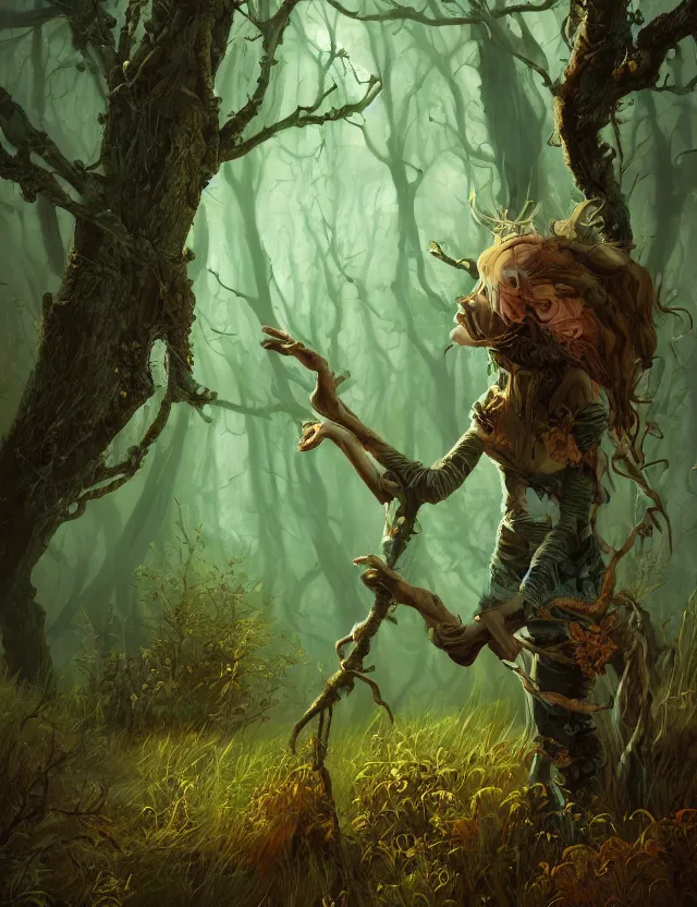 Prompt: witch of the lichen woods. this air brush painting by the award - winning concept artist has an interesting color scheme, plenty of details and impeccable lighting.