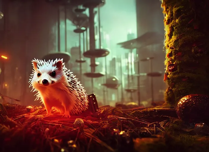 Prompt: portrait of a billy butcher hedgehog, on the background of a weird magical mechanical forest. Very detailed 8k. Fantasy cyberpunk horror. Sharp. Cinematic post-processing. Unreal engine. Nanite. Ray tracing. Parallax. Tessellation
