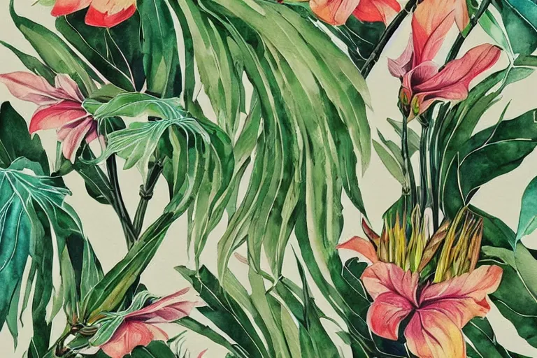 Image similar to watercolor artwork of exotic, elegant tropical prints : : green, art nouveau, trending on artstation